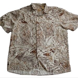 Jos. A. Bank Lrg 100% Silk Short Sleeve Button Down Brown Tropical Birds Vintage